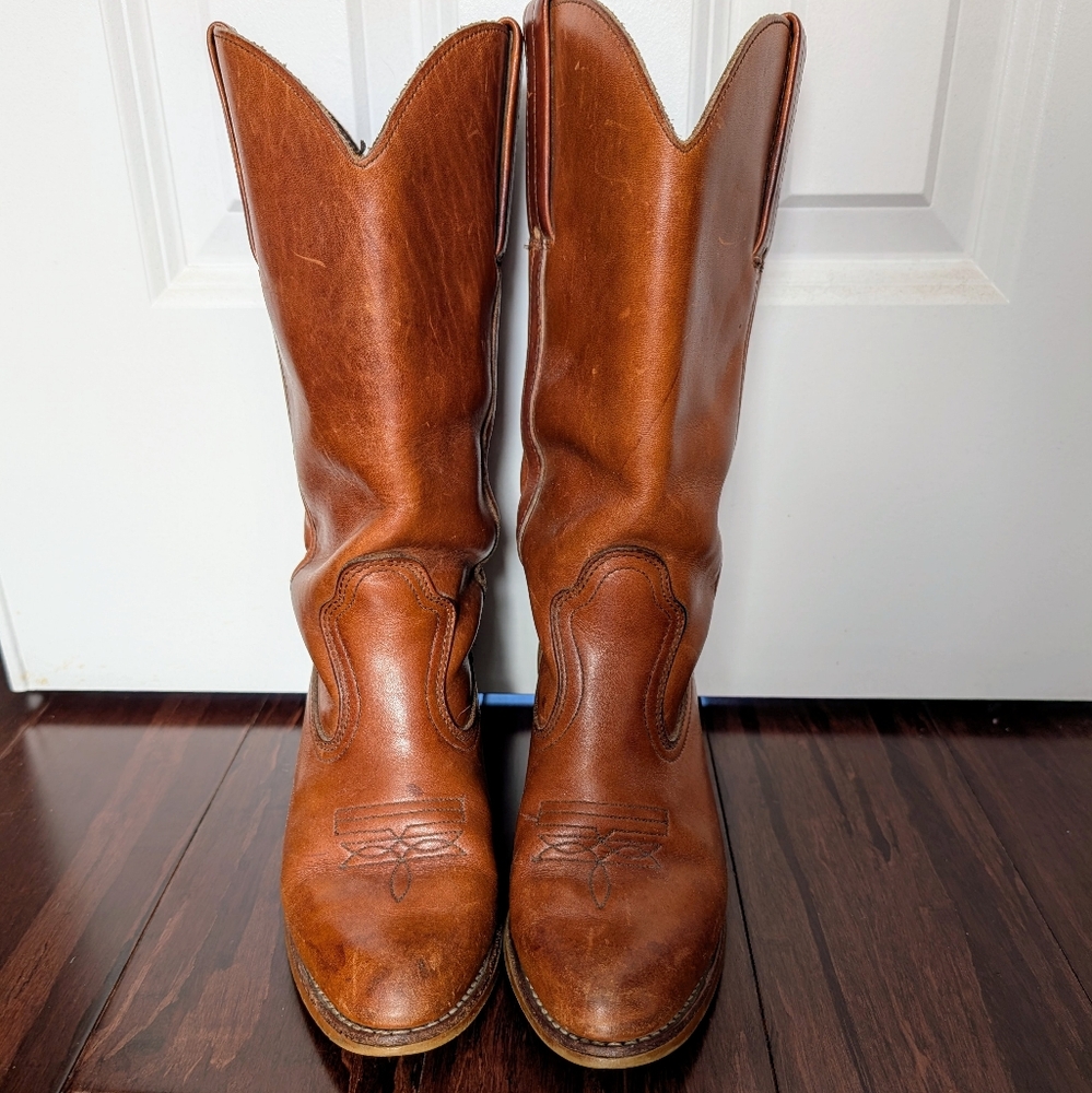 Vintage 70's Cognac Leather Dexter Stacked Heel Cowboy Boots Women's Size 8 - Picture 2 of 7